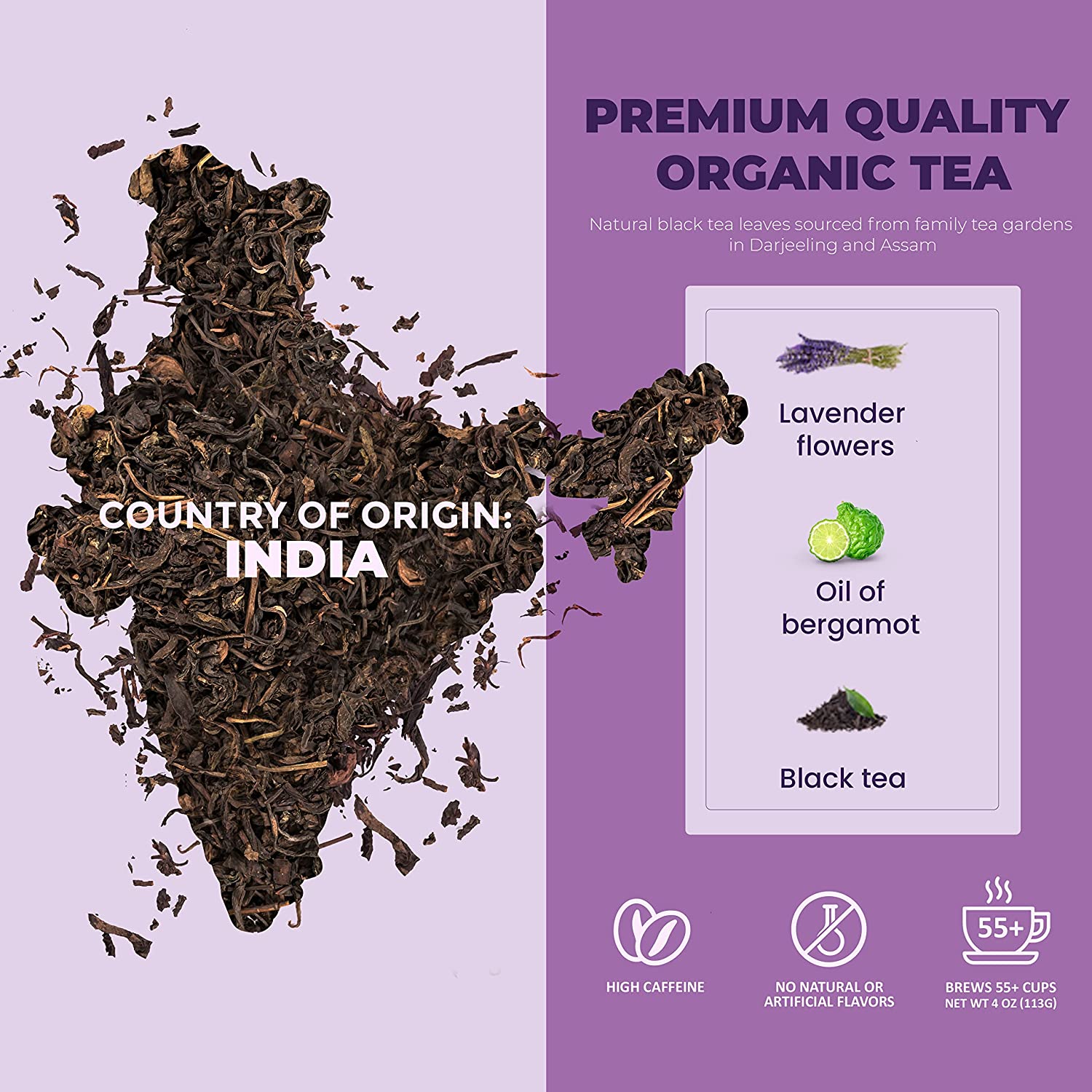 Earl Grey Lavender Loose Tea, Premium Black Tea with Lavender Flowers & Bergamot - Caffeinated - 55+ Cups - USDA Organic & Kosher - 4 oz (113g)
