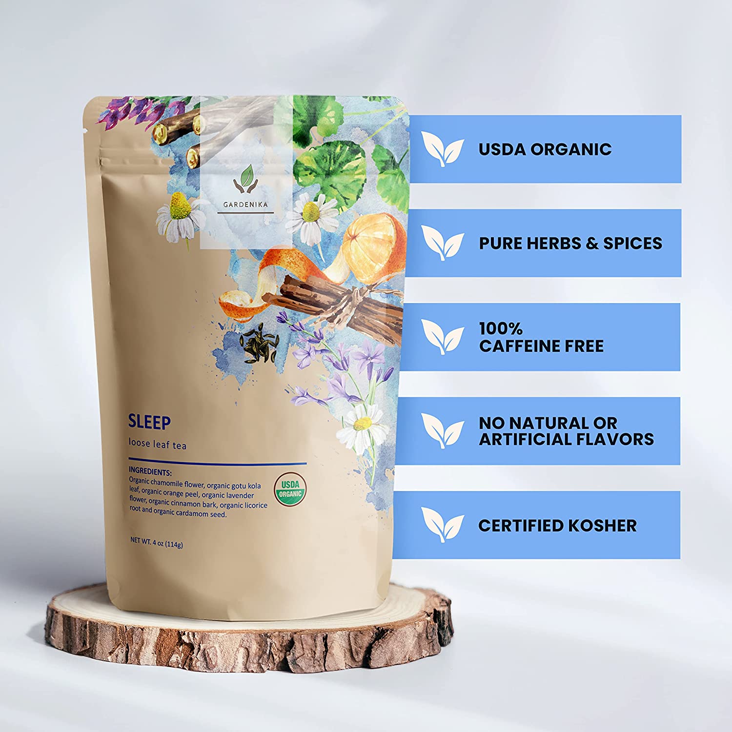 Sleep Calm Loose Leaf Herbal Tea with Chamomile, USDA Organic, Kosher, Caffeine Free - 4 oz (114g)