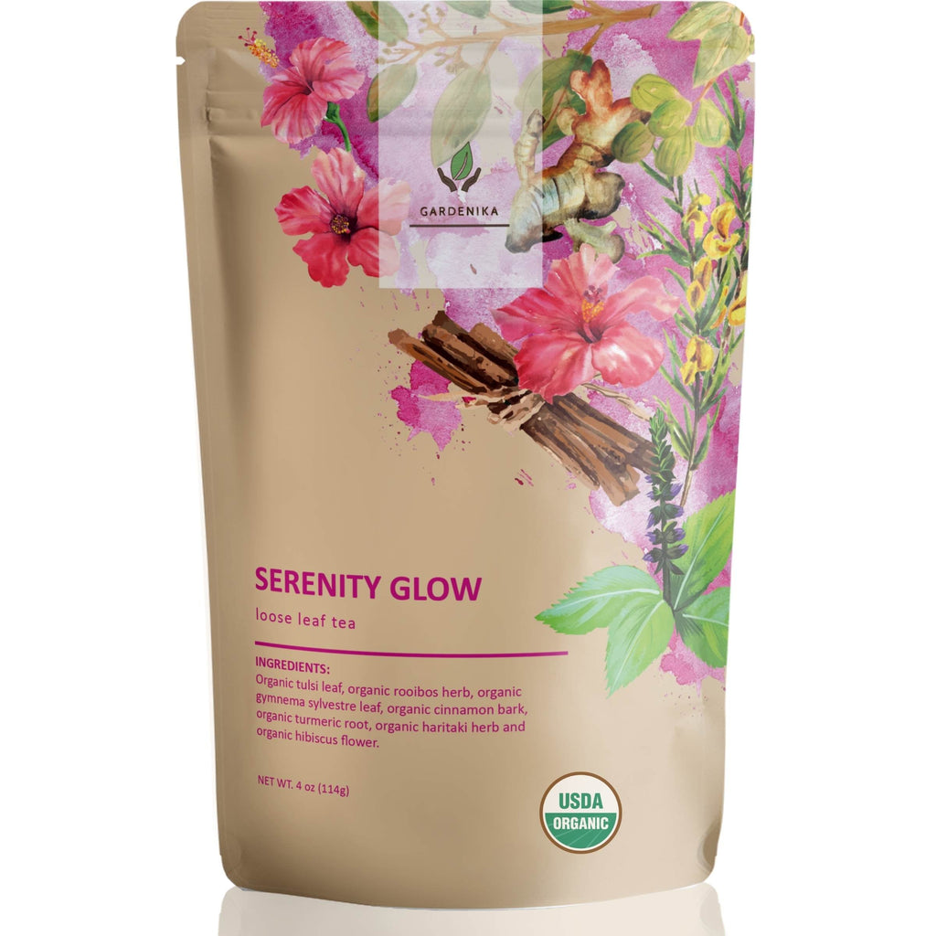 Organic Serenity Glow Herbal Tea with Tulsi & Rooibos, Metabolism Support - Stress Relief - Caffeine Free - 55+ Cups - USDA Organic & Kosher - 4 oz (113g)