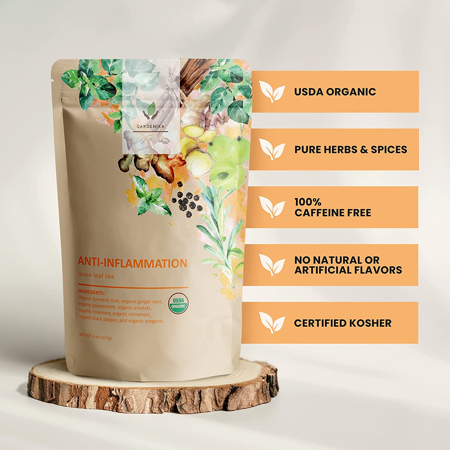 Anti-Inflammatory Tea, Loose Leaf, USDA Organic, Kosher, Herbal & Caffeine-Free - 4 oz (114g)