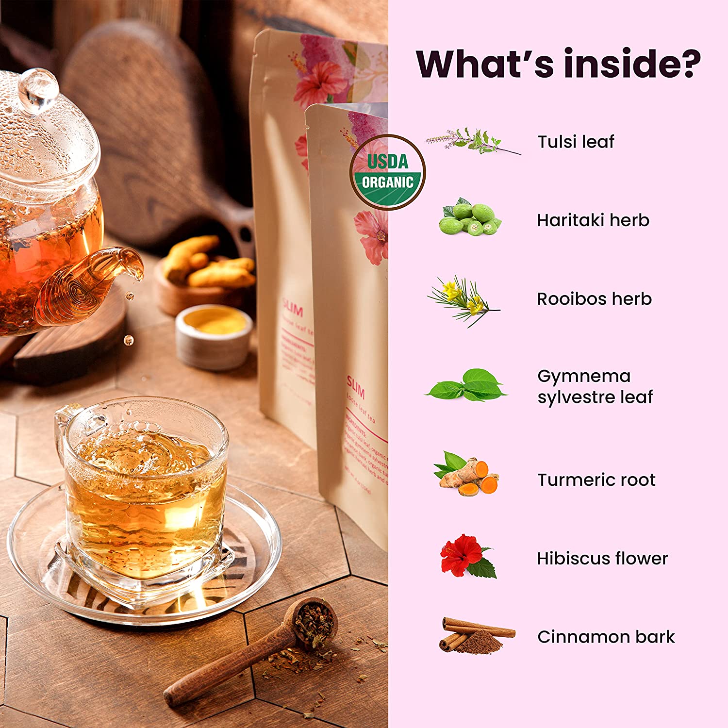 Organic Serenity Glow Herbal Tea with Tulsi & Rooibos, Metabolism Support - Stress Relief - Caffeine Free - 55+ Cups - USDA Organic & Kosher - 4 oz (113g)